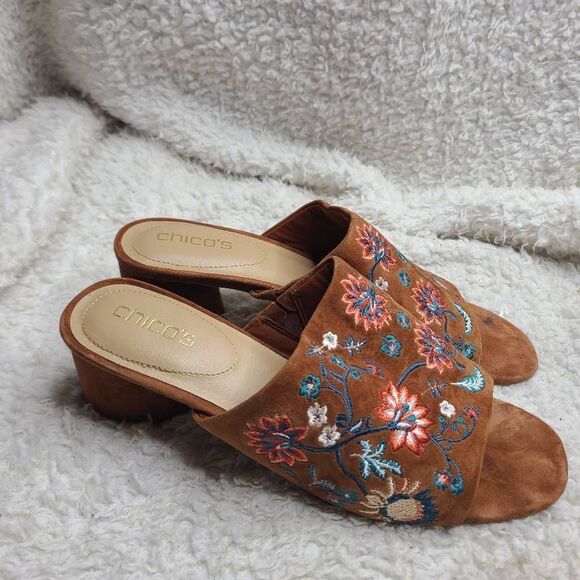 Chicos Wanda Embroidered Suede Leather Slide Sandals size 10.5‎ - Picture 1 of 7